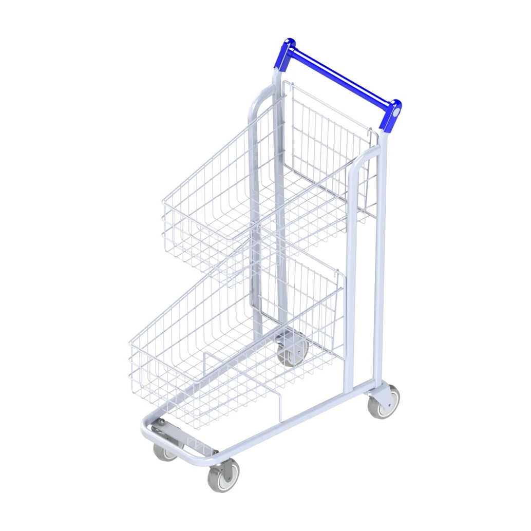 Carrinho Cesto Duplo Linha Atacado, com dois cestos aramados em níveis distintos, estrutura em arame branco e cabo azul, visto em ângulo de três quartos sobre fundo branco.