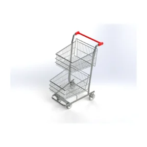 Carrinho Cesto Duplo Linha Premium, com dois cestos aramados cromados empilhados, cabo vermelho, visto em ângulo de três quartos sobre fundo branco.