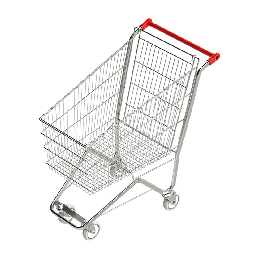Carrinho Cesto Simples Linha Premium, cesto único em arame cromado, cabo vermelho, visto em ângulo de três quartos sobre fundo branco.