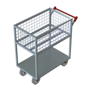Carro Abastecedor modelo Alto: estrutura metálica de duas prateleiras sobre rodas, com cesto aramado na parte superior, prateleira plana na parte inferior e cabo vermelho na lateral, visto em ângulo de três quartos sobre fundo branco.