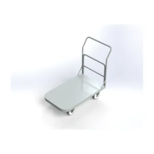 Carro Plataforma sem abas laterais: base retangular metálica sobre quatro rodas, com corrimão vertical na parte de trás, em cinza claro, visto em ângulo de três quartos.