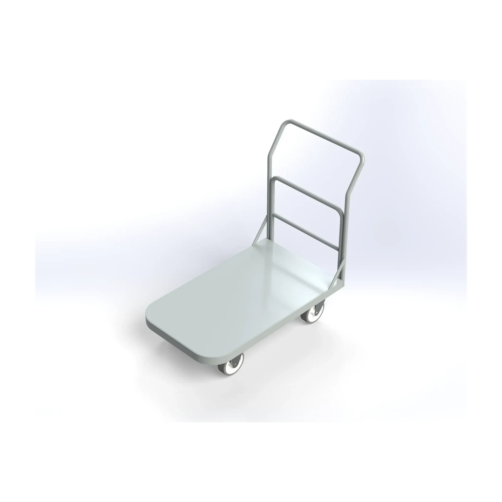 Carro Plataforma sem abas laterais: base retangular metálica sobre quatro rodas, com corrimão vertical na parte de trás, em cinza claro, visto em ângulo de três quartos.