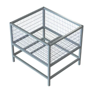 Expositor simples e raso: estrutura metálica sobre quatro pés, com um único cesto aramado retangular de profundidade rasa, visto em ângulo de três quartos sobre fundo branco.