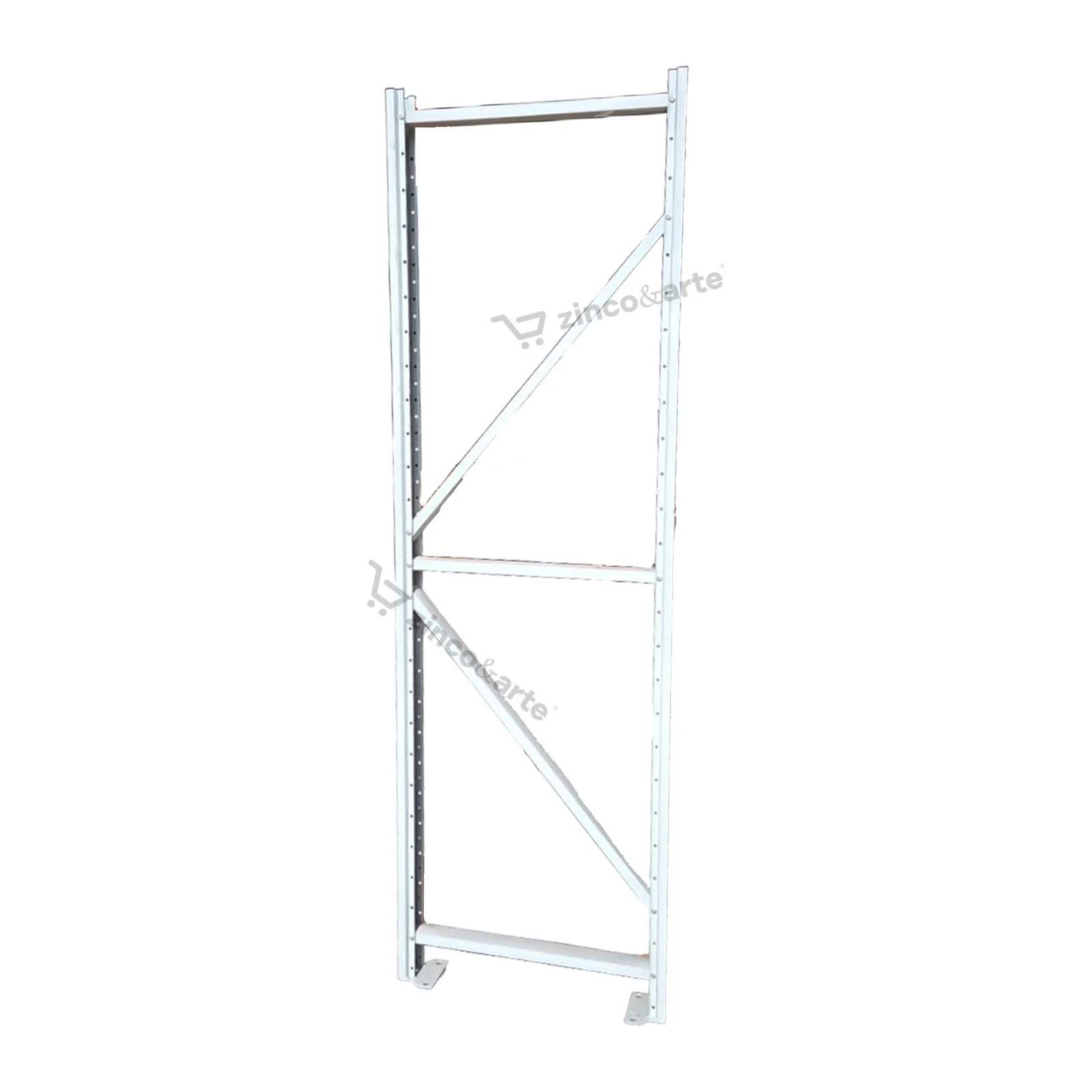Painel lateral do Mini Porta Pallet 250 kg: duas colunas metálicas perfuradas na cor branca, ligadas por contraventamento diagonal em X, com pés na base, sobre fundo branco.