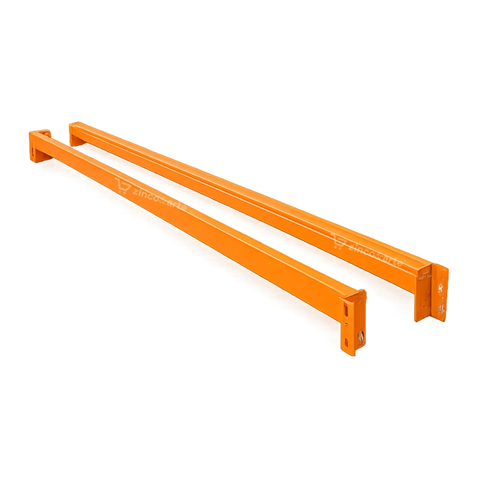 Par de longarinas laranja do Mini Porta Pallet 250 kg, vigas retas com encaixes reforçados nas pontas, isoladas sobre fundo branco.