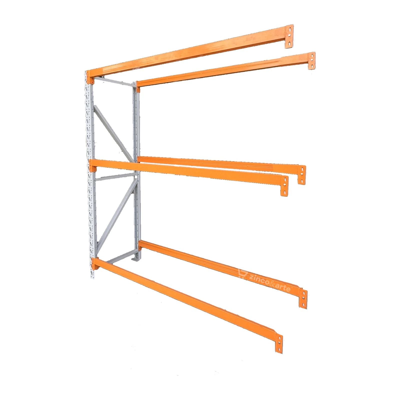 Mini Porta Pallet 250 kg, módulo de continuação: uma única coluna perfurada cinza com três pares de longarinas laranja saindo para o lado, sobre fundo branco.