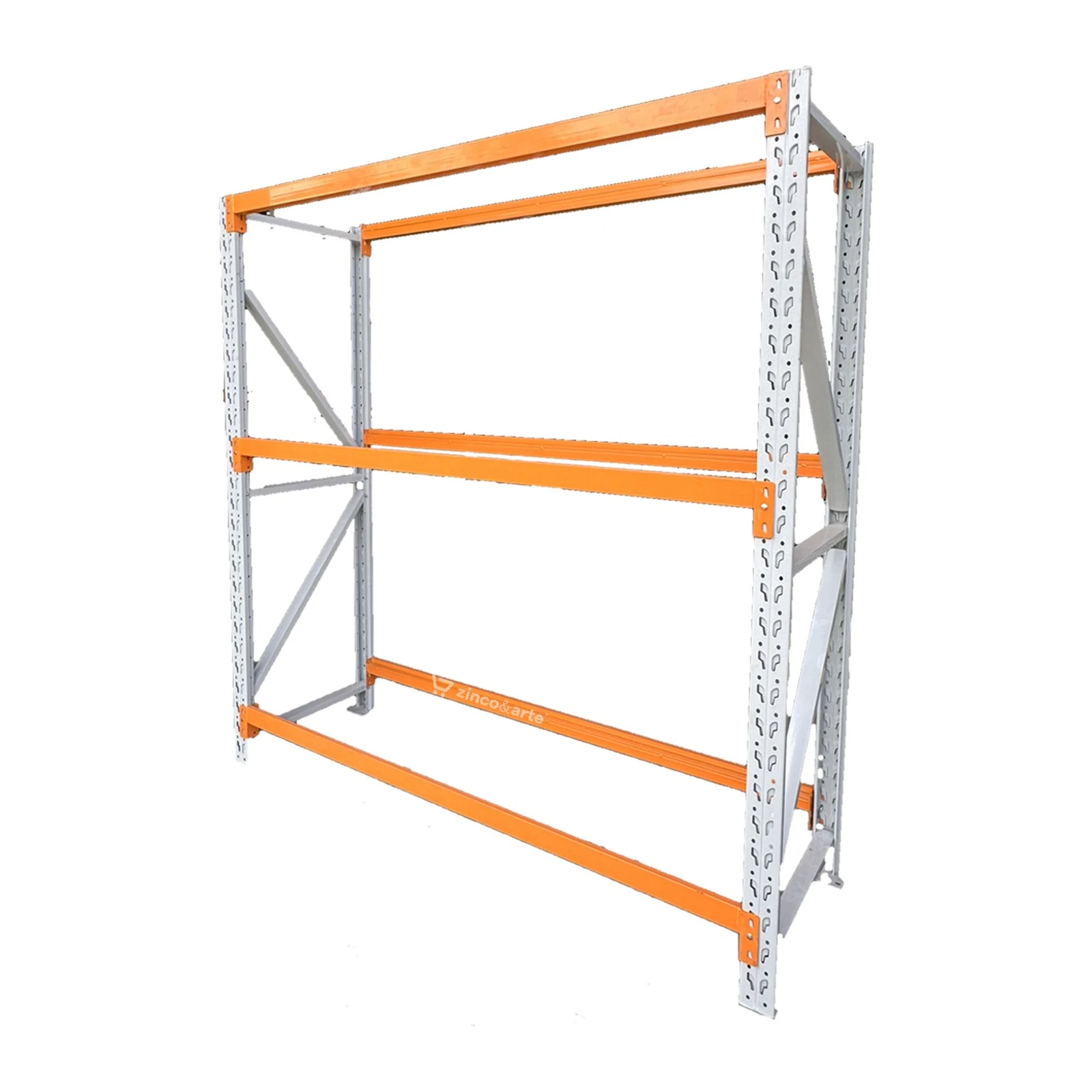 Mini Porta Pallet 250 kg, módulo inicial completo: estrutura metálica com duas colunas perfuradas cinza, três pares de longarinas laranja em três níveis e contraventamento diagonal, visto em ângulo de três quartos sobre fundo branco.