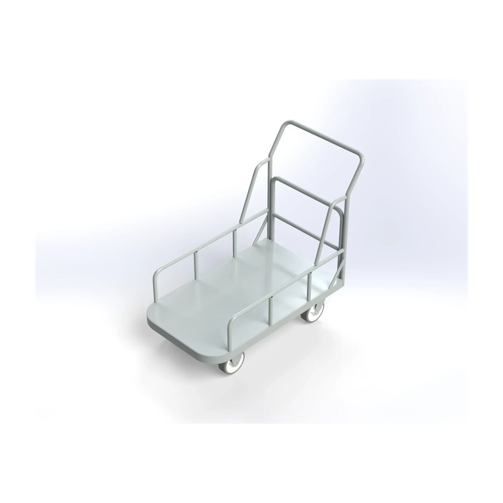 Carro Plataforma 300 kg com abas: base retangular metálica com grades laterais baixas nos dois lados e corrimão vertical na parte de trás, em cinza claro, visto em ângulo de três quartos.