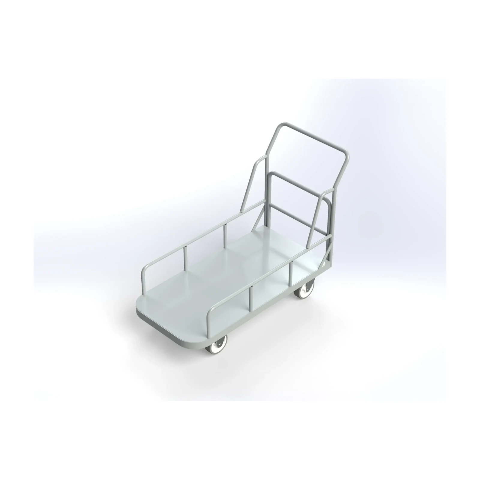 Carro Plataforma 500 kg com abas: base retangular metálica alongada com grades laterais baixas nos dois lados e corrimão vertical na parte de trás, em cinza claro, visto em ângulo de três quartos.