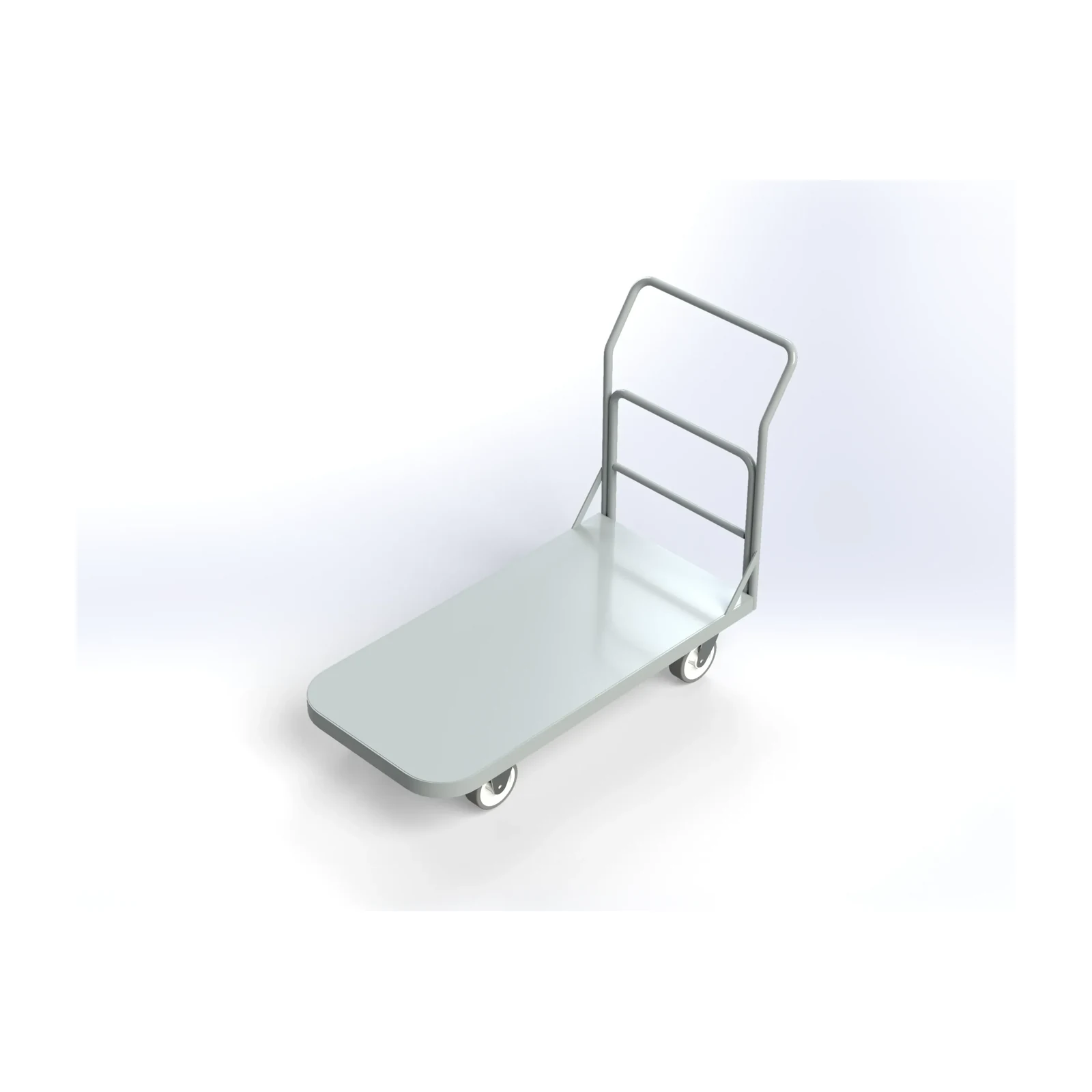 Carro Plataforma 500 kg sem abas: base retangular metálica alongada sobre quatro rodas, com corrimão vertical na parte de trás, em cinza claro, visto em ângulo de três quartos.