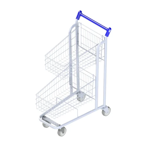 Carrinho Cesto Duplo Linha Atacado, com dois cestos aramados em níveis distintos, estrutura em arame branco e cabo azul, visto em ângulo de três quartos sobre fundo branco.