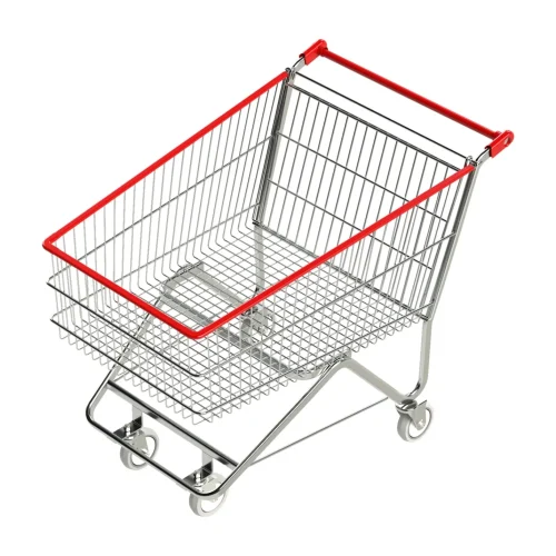 Carrinho de supermercado Max Car 200 litros, cesto em arame zincado com corrimão vermelho, visto em ângulo de três quartos sobre fundo branco, com quatro rodas giratórias.